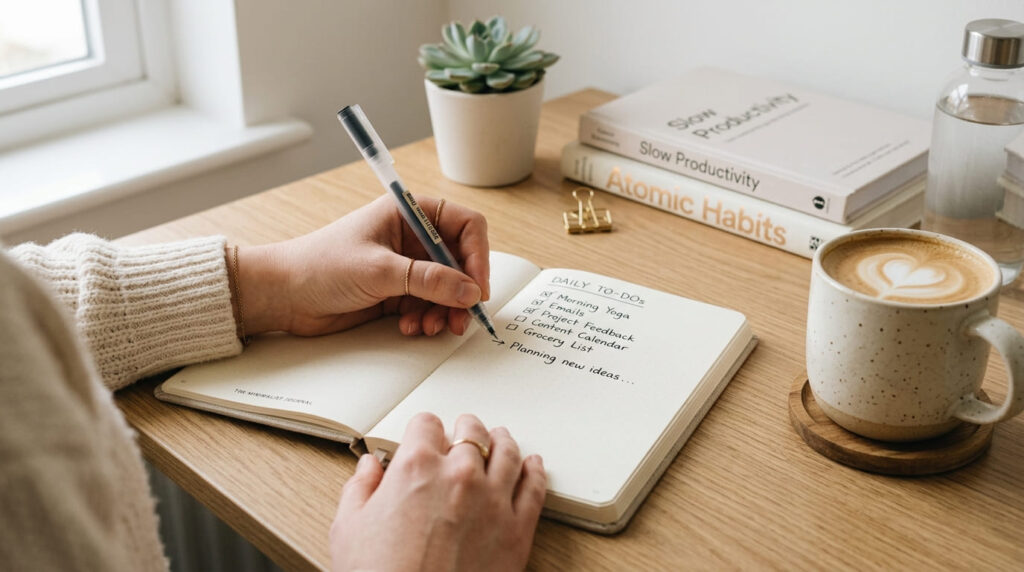 person writing a daily to-do list in notebook with coffee on desk