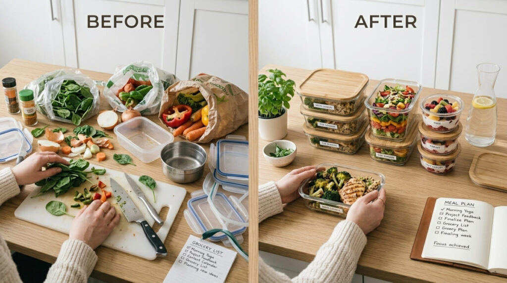 organized meal prep with healthy food containers in modern kitchen