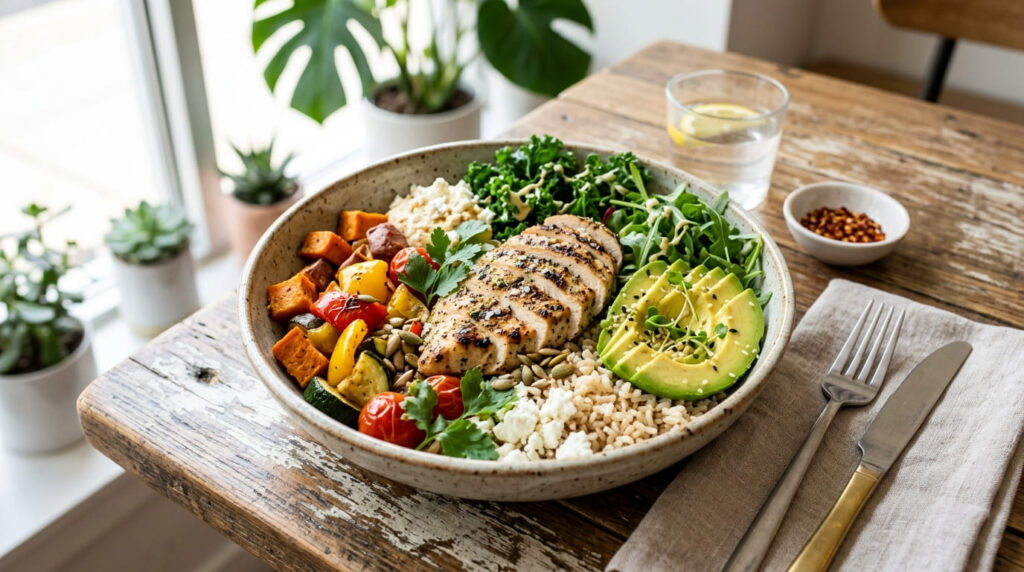 grilled chicken power bowl healthy lunch idea with rice vegetables and avocado