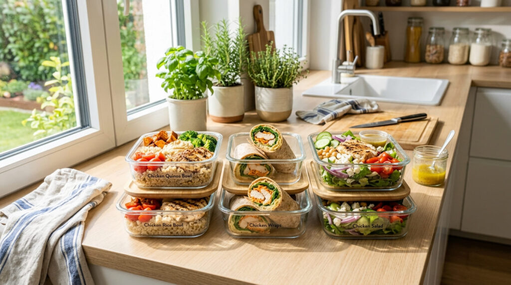healthy lunch meal prep ideas with chicken wraps and salads
