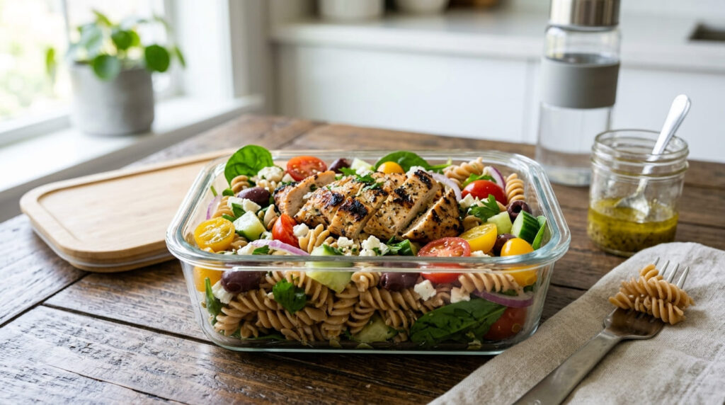 healthy pasta salad with chicken and vegetables for lunch
