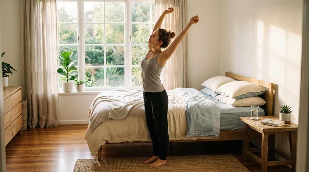 peaceful morning routine with sunlight and stretching for a productive day
