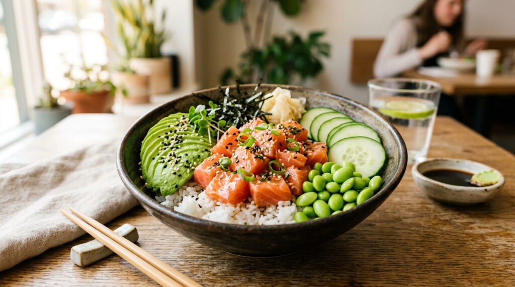 salmon rice bowl healthy lunch idea with avocado and cucumber