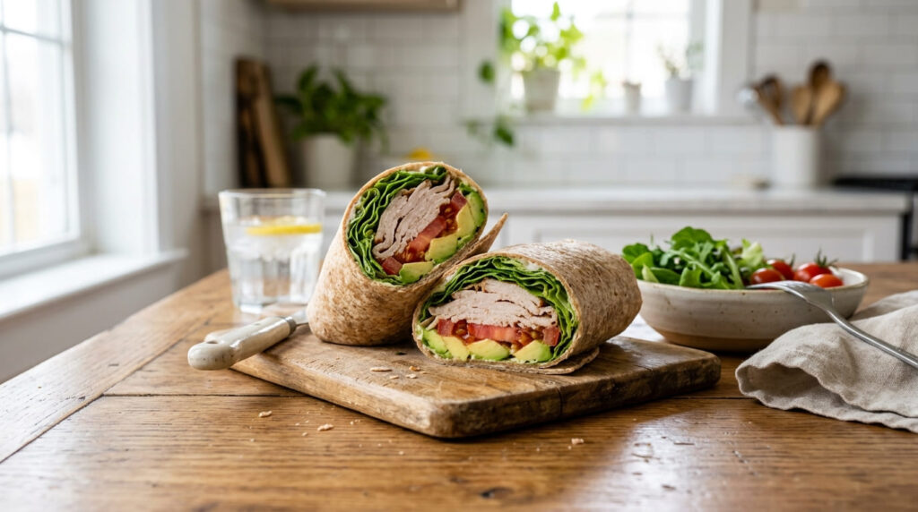 turkey avocado wrap healthy lunch idea with whole wheat tortilla