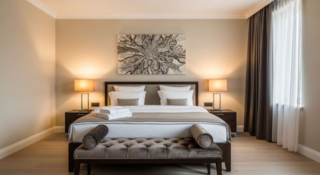 bench at end of bed in cozy luxury bedroom decor