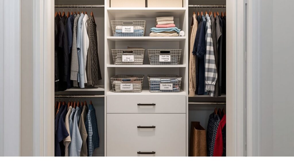 smart closet storage ideas with bins shelves and folded clothes