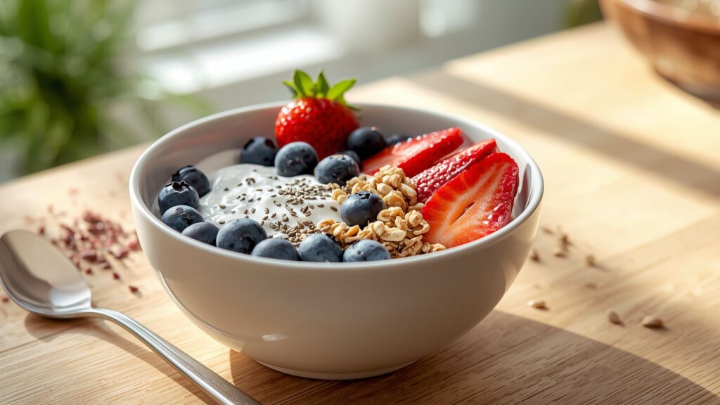 greek yogurt bowl high protein breakfast with berries and granola