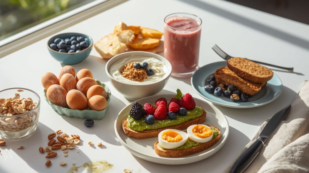high protein breakfast ideas with yogurt smoothie eggs and avocado toast