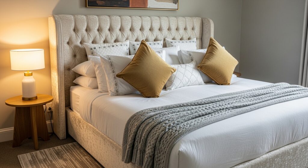 layered pillows on luxury cozy bedroom bed decor ideas