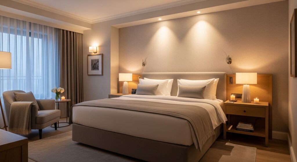 cozy luxury bedroom decor with warm lighting and hotel style interior