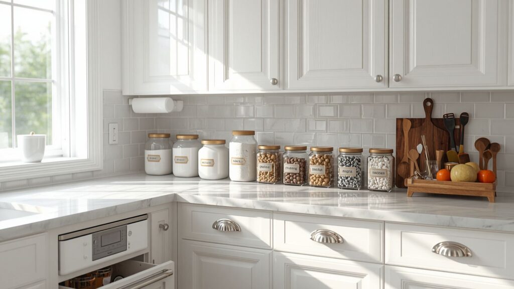 organized kitchen counter with labeled jars and clutter free storage