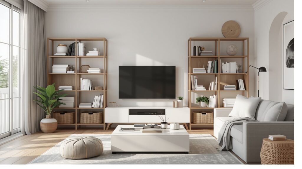 organized living room with storage baskets and clutter free deco