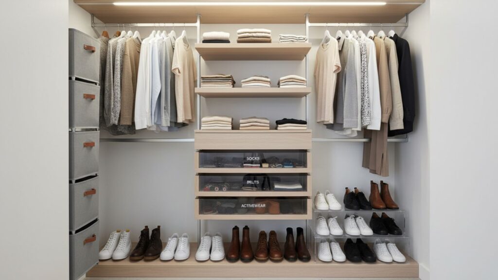small apartment closet storage ideas with shelves bins and folded clothes