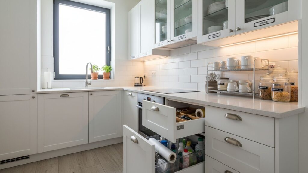 small apartment kitchen storage ideas with organized cabinets and jars