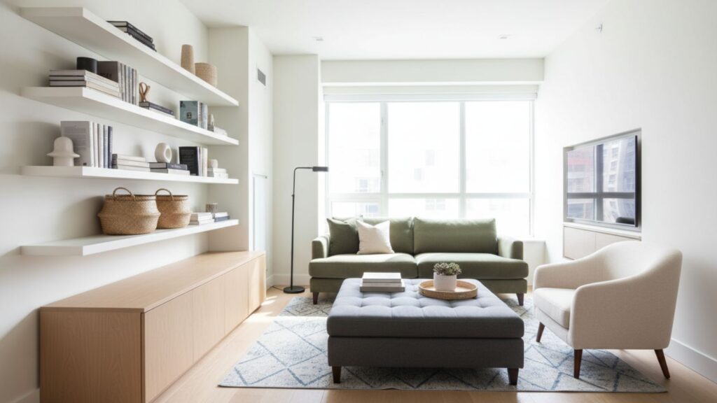 small apartment living room storage ideas with shelves baskets and ottoman