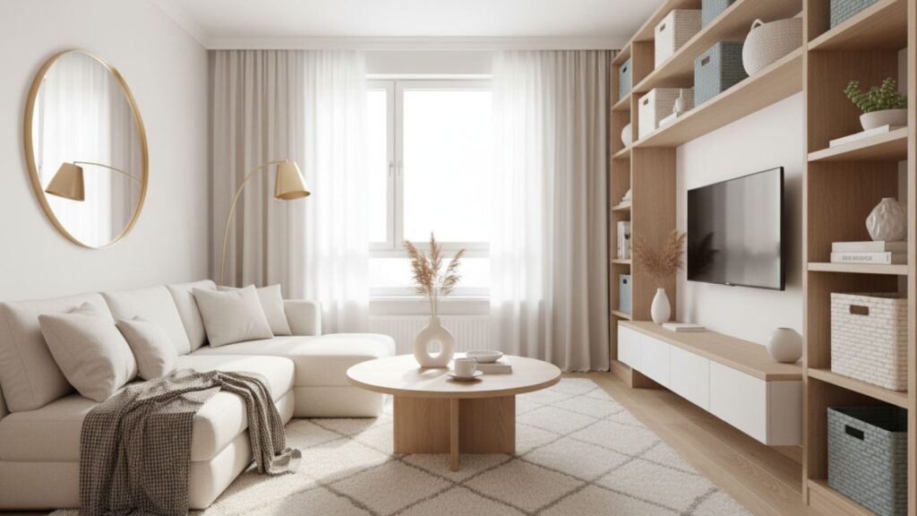 organized small apartment with storage shelves and clutter free living room