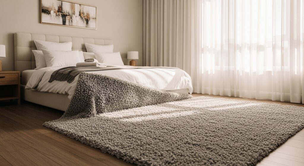 soft area rug in cozy bedroom with luxury hotel style decor