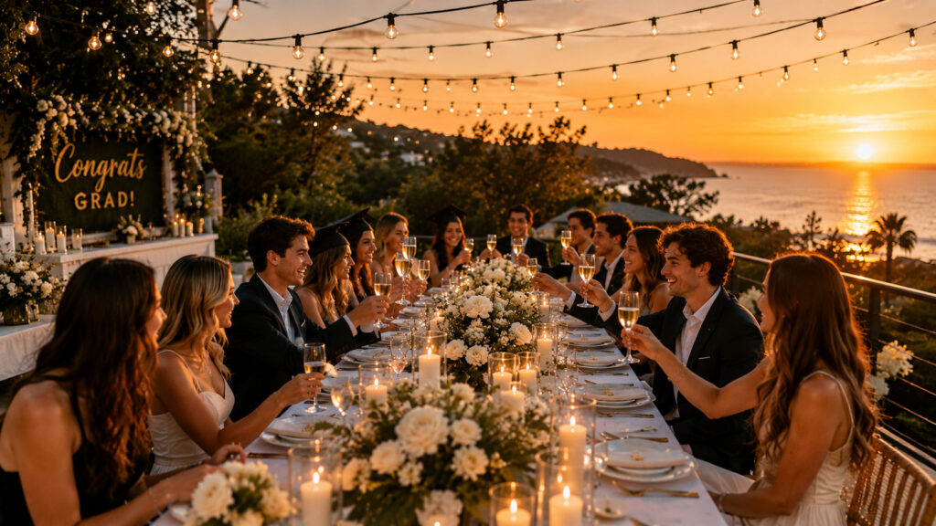 “A luxury outdoor graduation dinner party