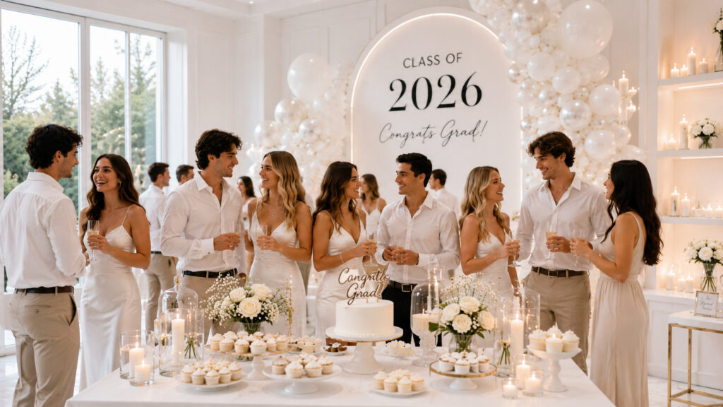 “A modern minimalist white graduation party