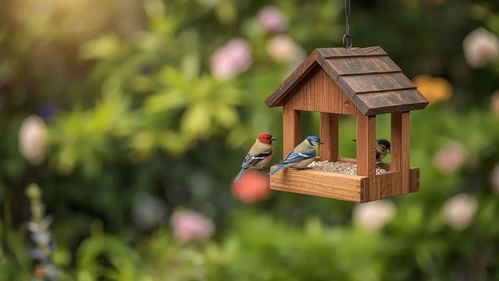 Decorative wooden bird feeder in a garden with birds feeding