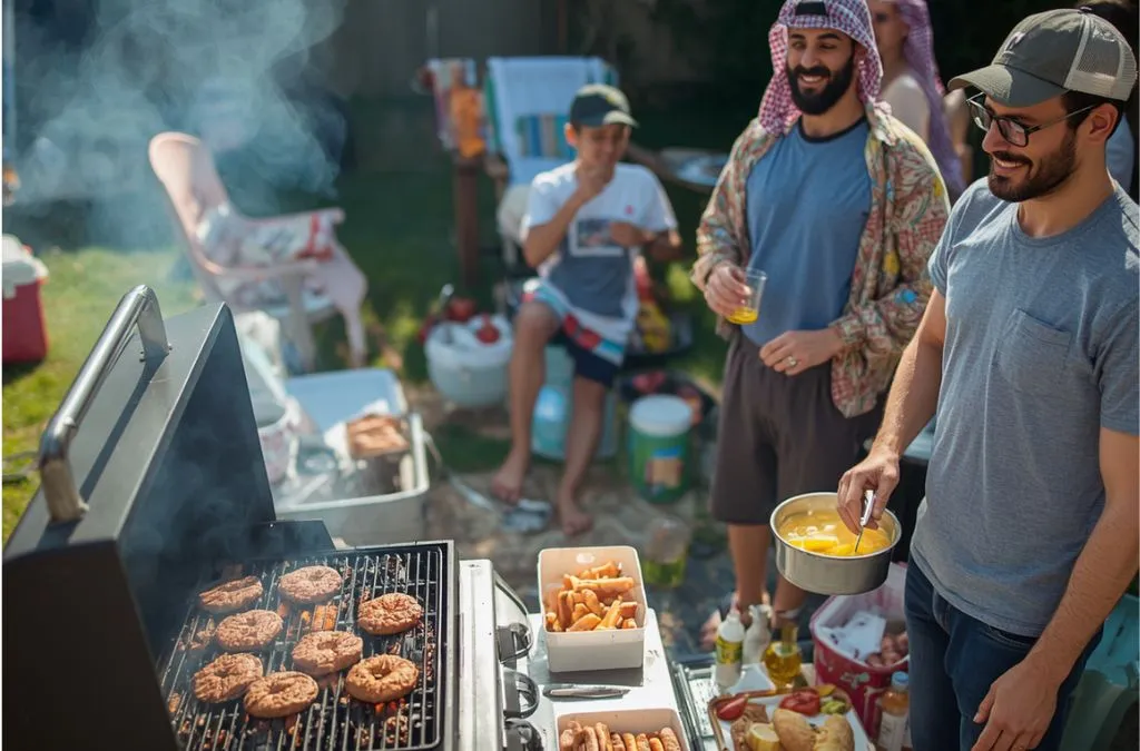 Backyard 4th of July party with grill and guests