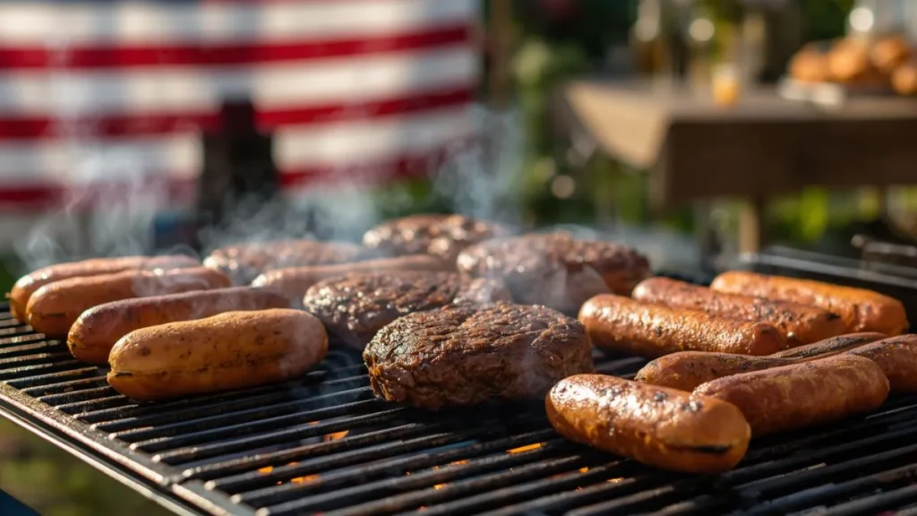 4th of July food ideas – BBQ grill with burgers and hot dogs for Independence Day party