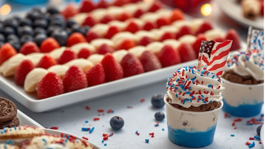 4th of July food ideas – patriotic dessert table with fruit flag tray, OREO cups and ice cream sandwiches