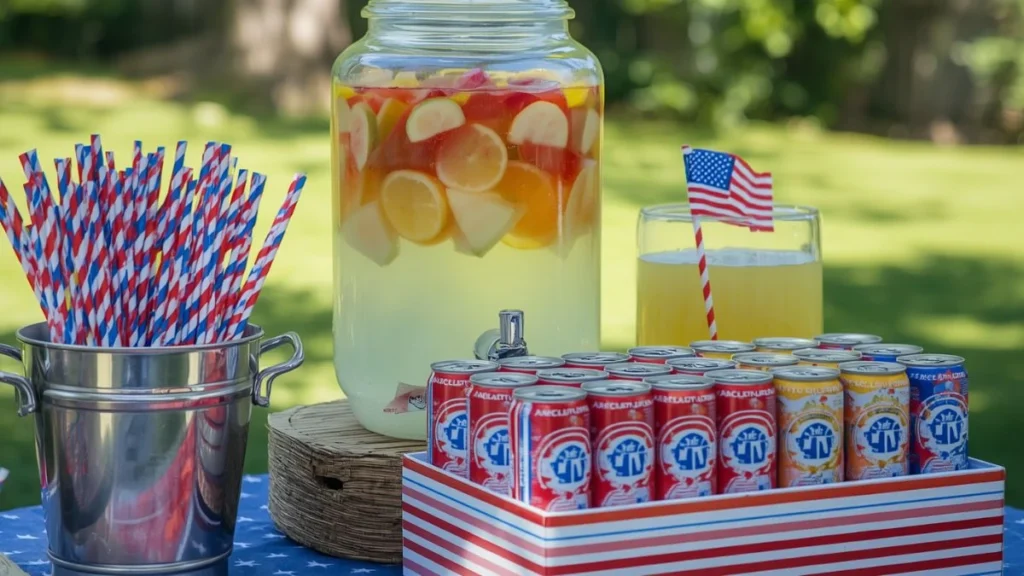 4th of July food ideas – self-serve drinks station with lemonade and chilled beverages