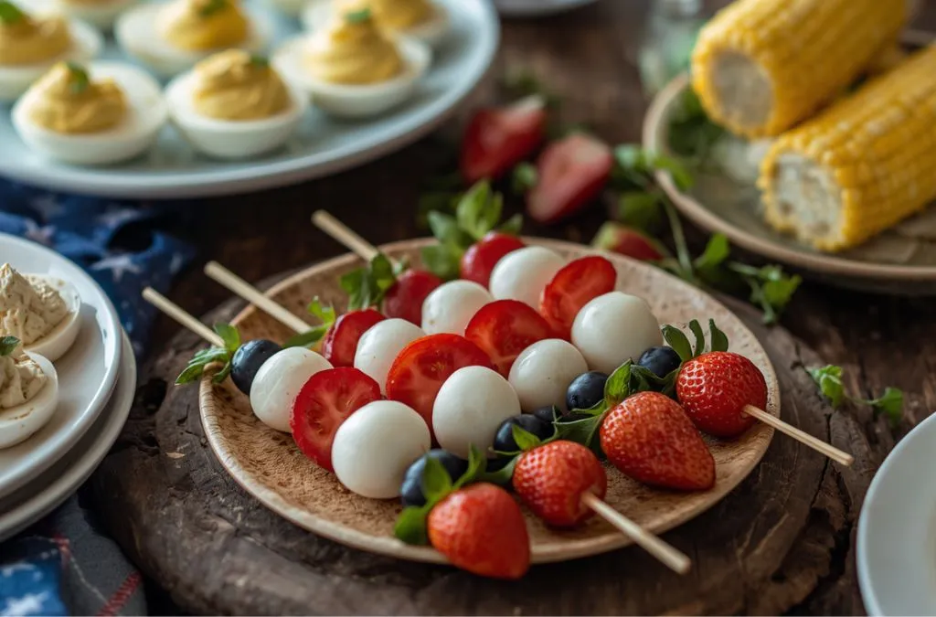 4th of July snack table with skewers and deviled