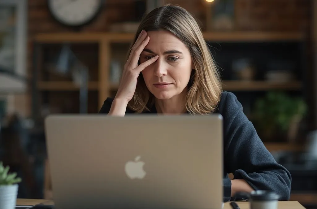 "Person experiencing brain fog while working, a common reason people try omega-3 supplements"