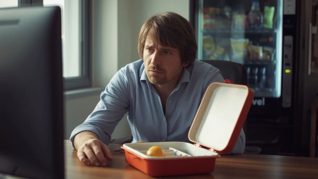 person struggling with healthy lunch ideas for work
at office desk