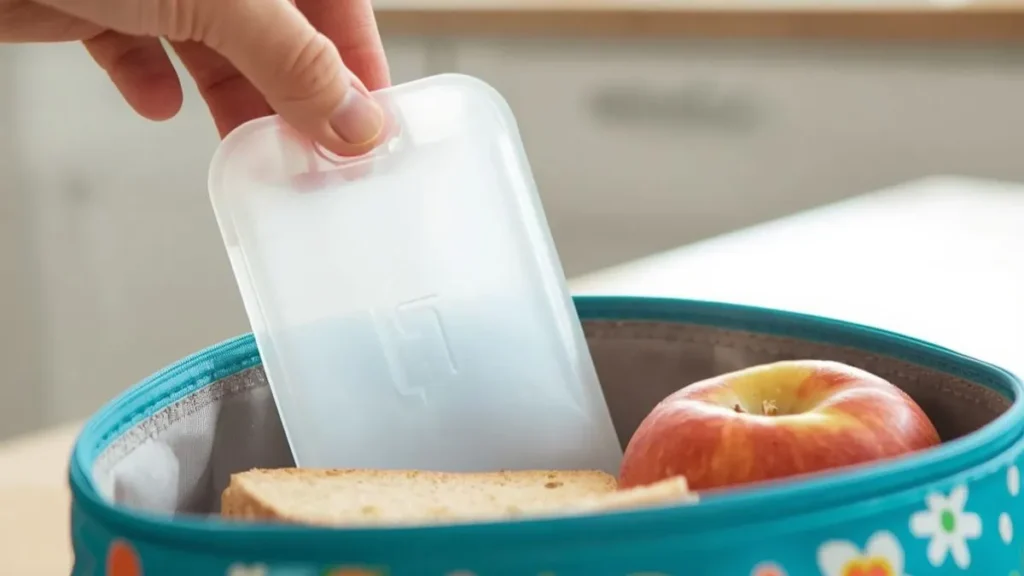 Slim reusable ice pack for lunch bag placed next to kids 