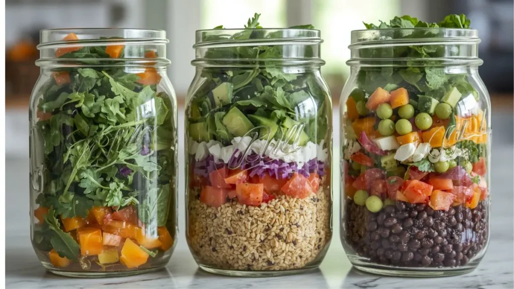healthy lunch salad ideas for work in mason jars —
Greek quinoa and black bean