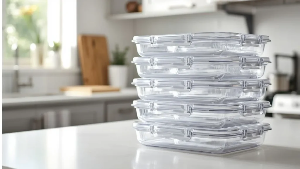 clear BPA-free plastic meal prep containers with locking lids for lunch bags