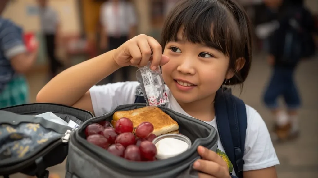 Child opening lunch bag with reusable ice pack keeping food fresh and cold
