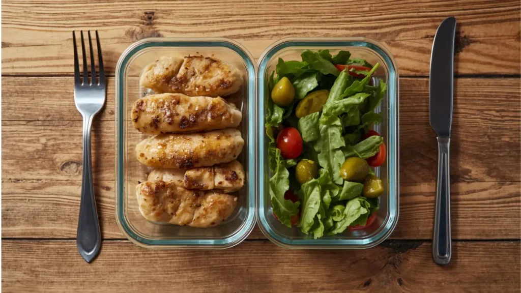 two-compartment meal prep container with chicken and salad separated — best meal prep containers for lunch bags with dividers