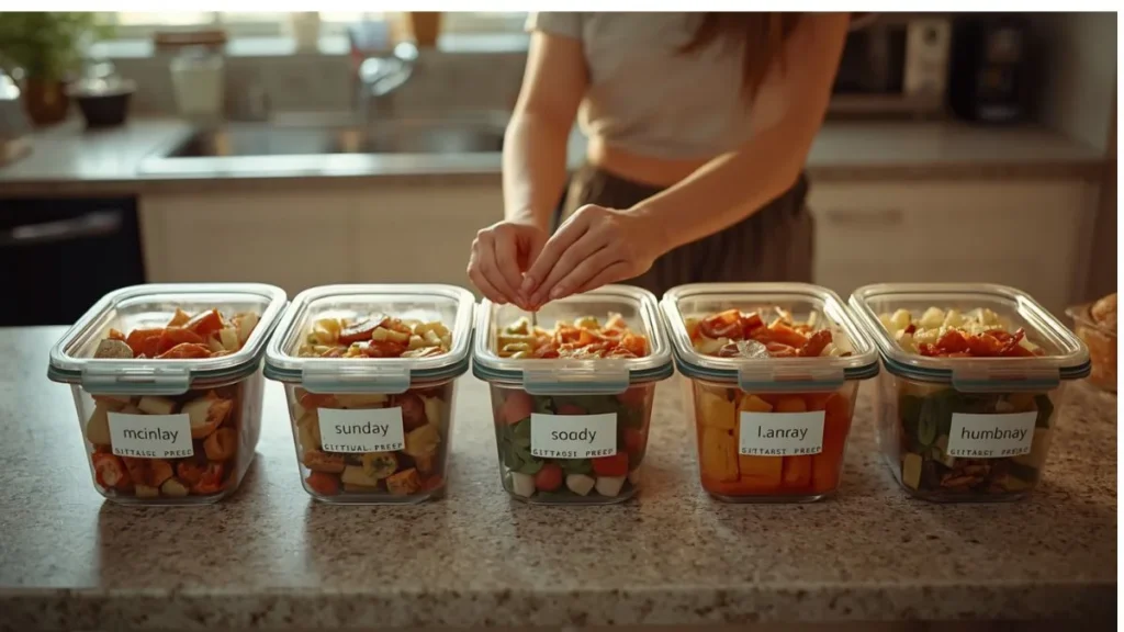 weekly meal prep setup with best meal prep containers for lunch bags on kitchen counter