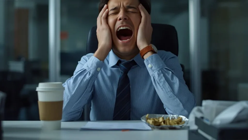 Afternoon energy crash at work showing why simple lunch ideas for weight loss for work on a budget matter