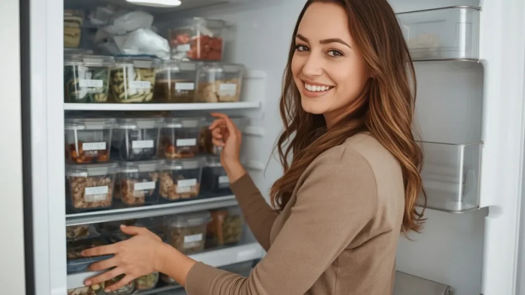 Woman organizing healthy meal prep containers showing benefits of meal prep for weight loss on a budget