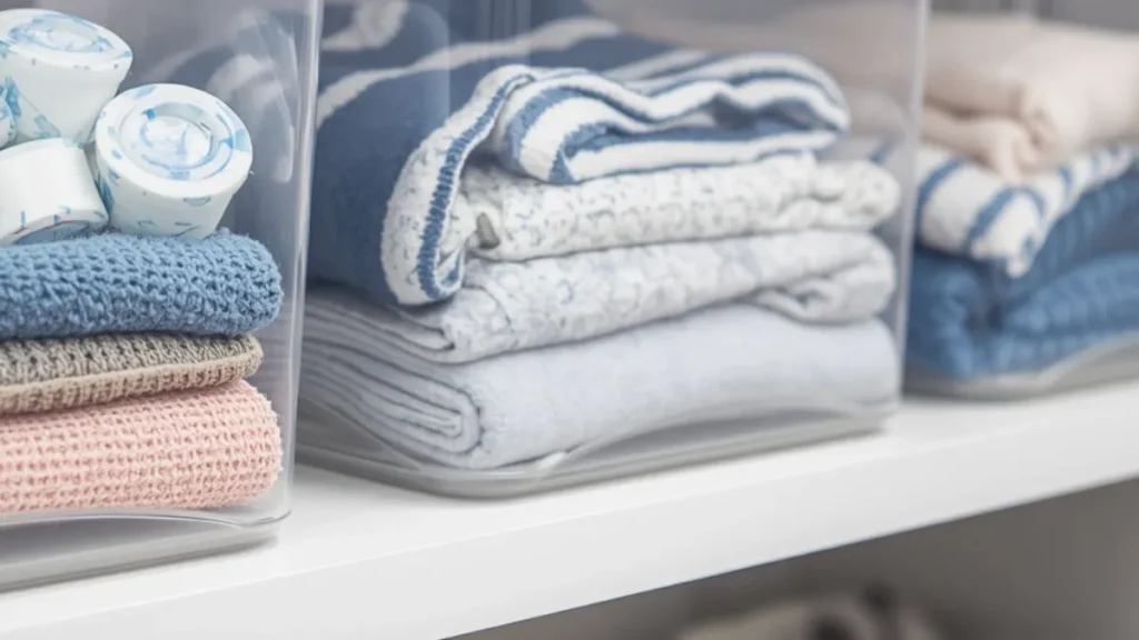 clear plastic storage bins used for laundry room storage