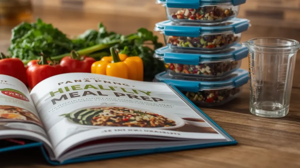 Healthy meal prep ideas for weight loss on a budget guided by Downshiftology cookbook on kitchen counter