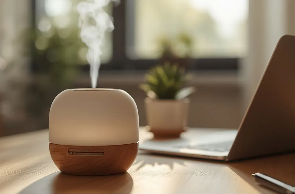  Essential oil diffuser running on home office desk for stress relief