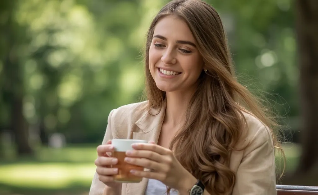 Happy relaxed young woman sitting on a park bench holding a cup of tea, smiling gently with green trees in the background on a warm sunny day