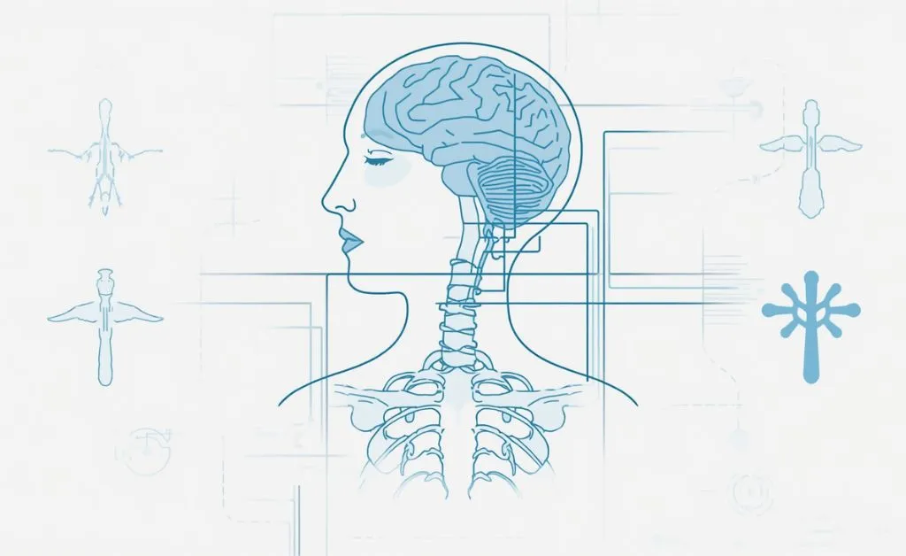 Minimalist medical illustration showing the human vagus nerve pathway from the brain through the throat and chest in a clean blue and white infographic style.