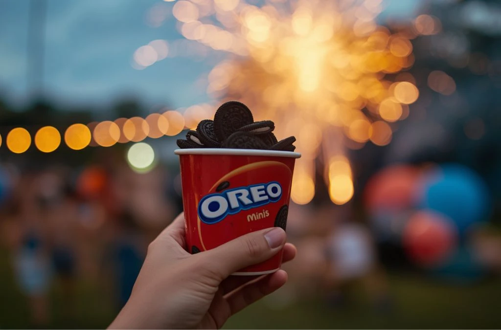 Child enjoying OREO Minis snack cup during 4th of July fireworks