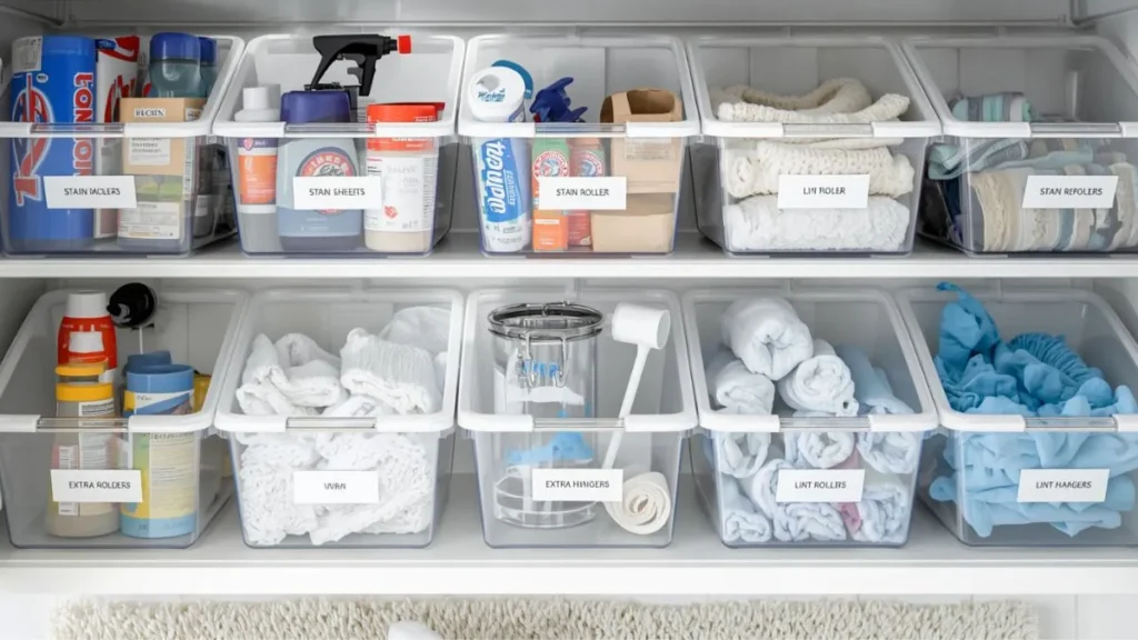 laundry room storage bins organized by category