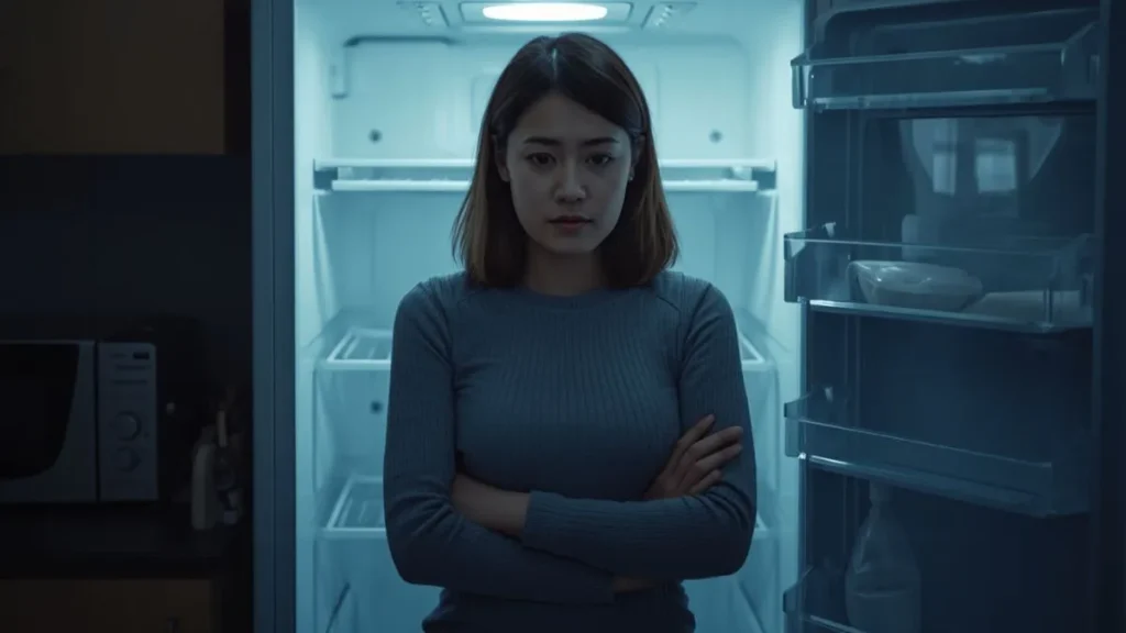 Person staring into empty fridge showing common healthy meal prep mistakes for weight loss on a budget