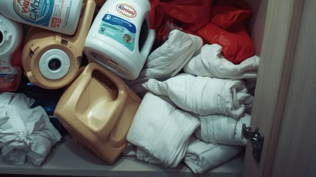 cluttered laundry cabinet before using storage bins