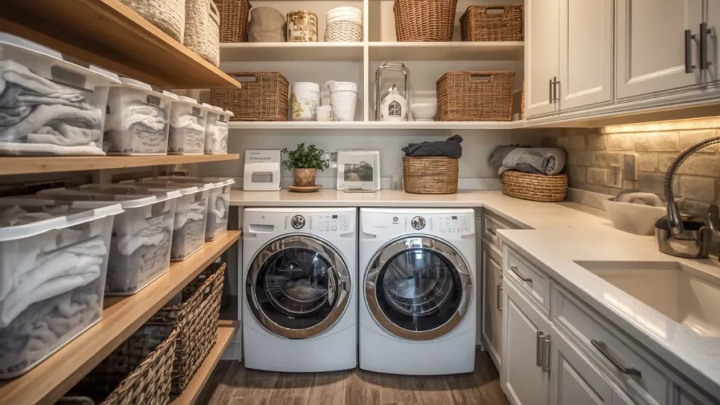 fully organized laundry room after using storage bins