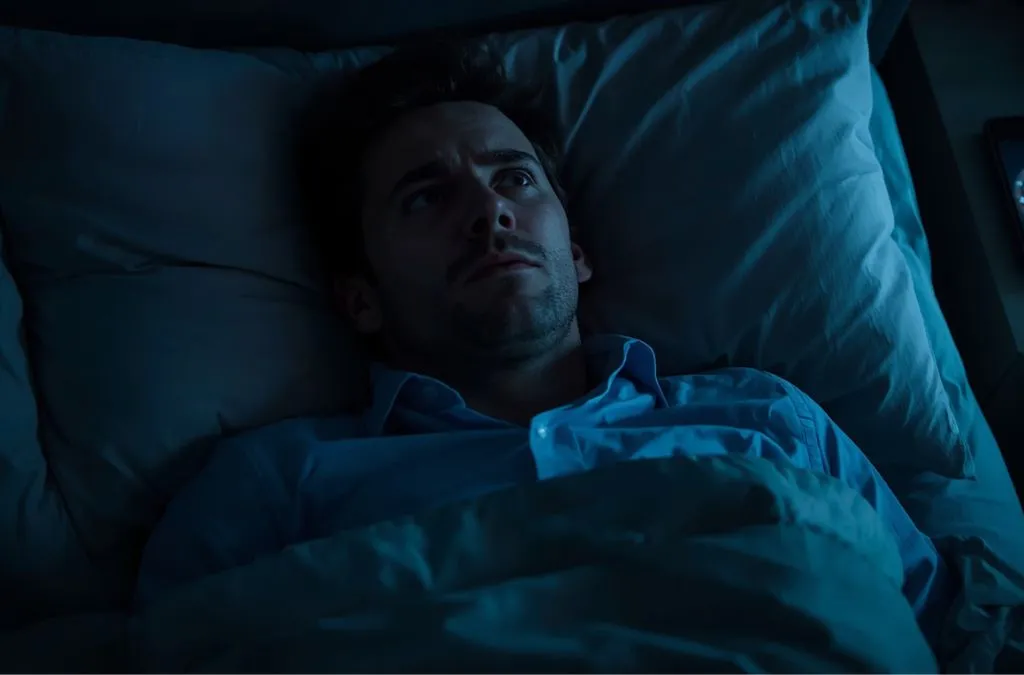Overwhelmed professional dealing with daily work stress at night